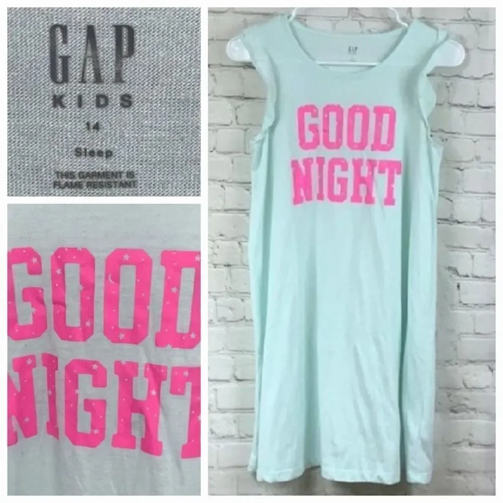 Gap Kids Girls 14 Nightgown GOOD NIGHT Blue Flutter Sleeve Long Night Gown PJs